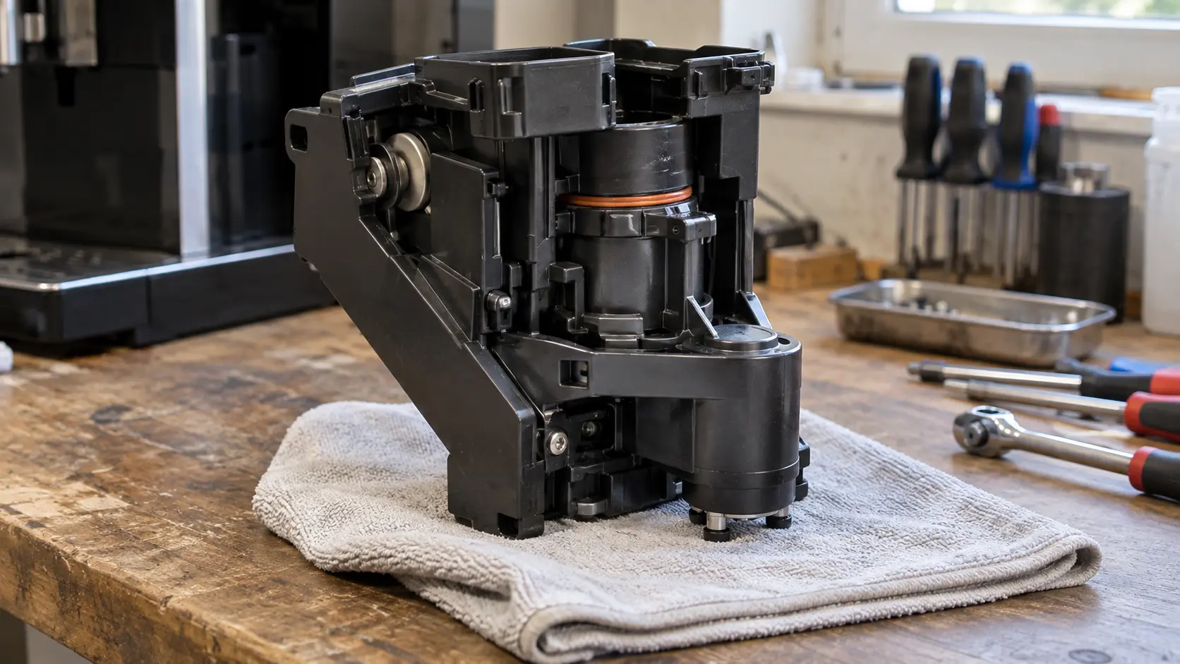 Close on a new brew unit for a coffee machine resting on a folded cloth on a workbench.