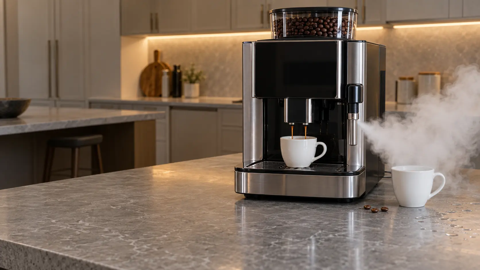 A countertop bean-to-cup coffee machine on a gray stone counter in an empty US kitchen, a white plume of steam spraying sideways from beside the coffee machine's frother spout over a plain white cup, a few water droplets on the counter, a dark display, the stool pushed back.