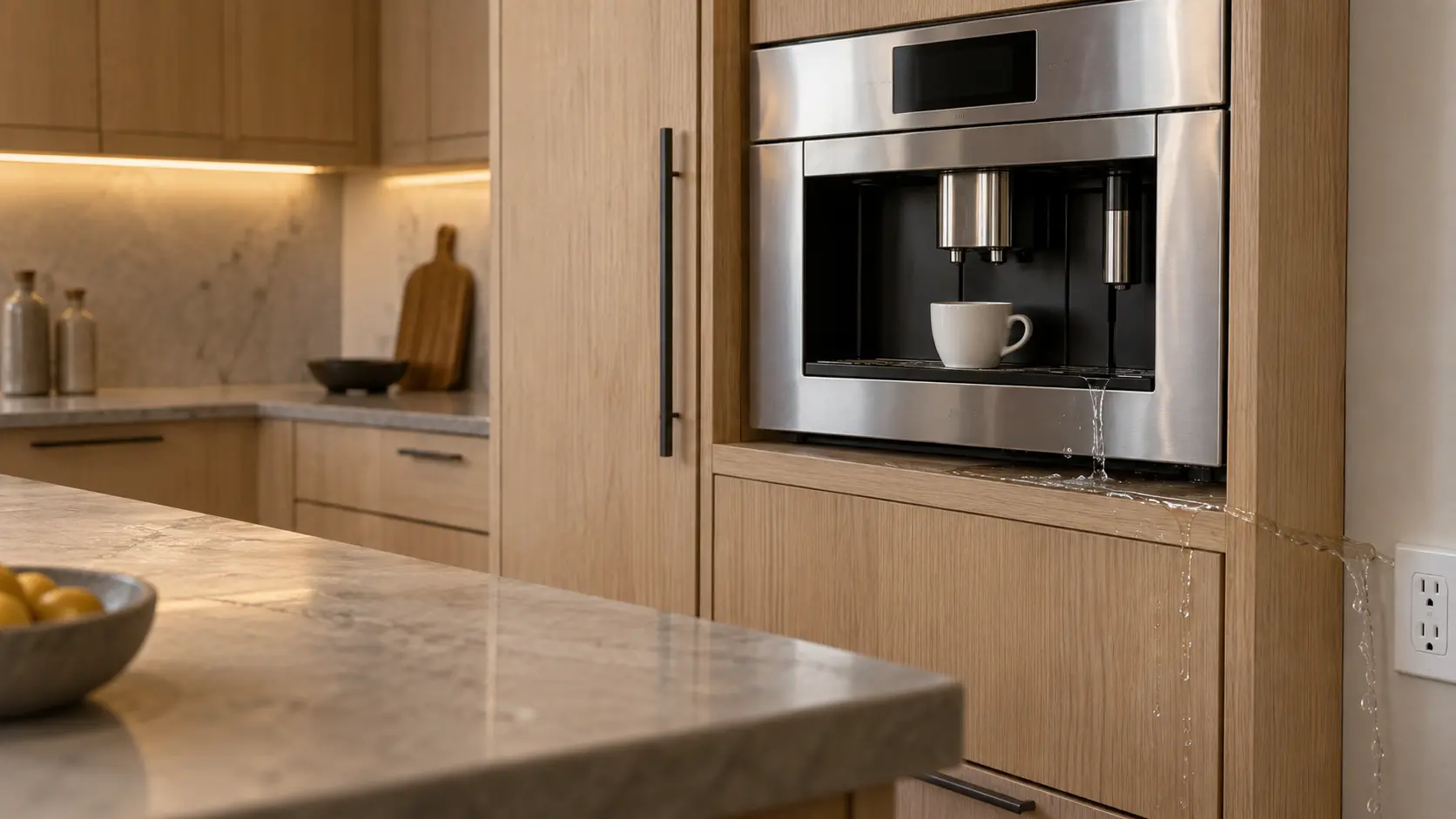 A stainless built-in coffee machine set flush in a tall pale-oak kitchen cabinet in an empty US kitchen, a thin sheet of water running from under the coffee machine across the shelf ledge and down toward a white wall outlet at the edge of the frame, a plain white cup still under the spouts, a dark display.