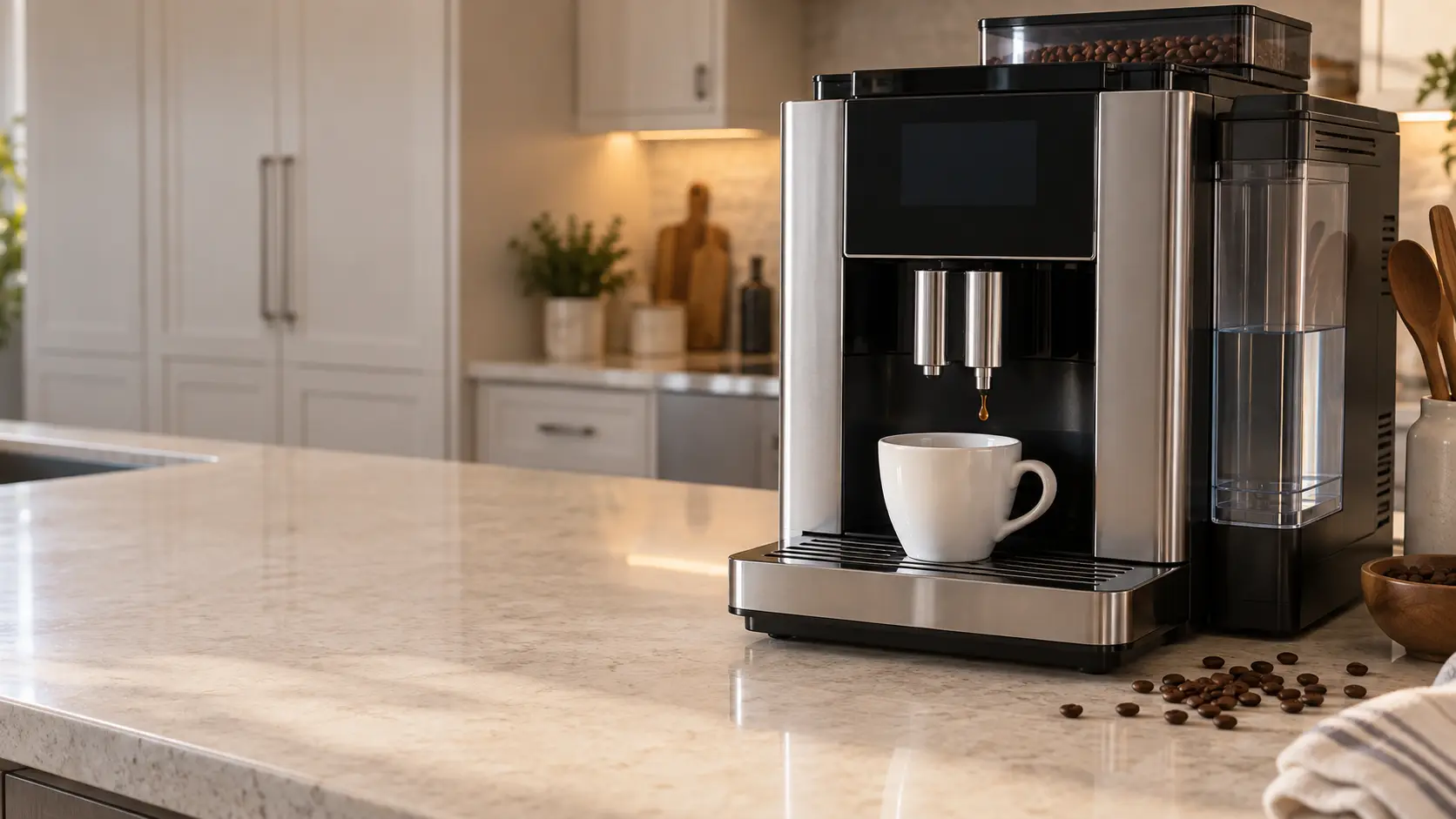 A countertop bean-to-cup coffee machine on a pale stone kitchen counter, an empty white cup under its spouts with a single drop hanging from one spout, the water tank at the side of the coffee machine half full, a few plain beans scattered on the counter, calm morning light, a dark display.