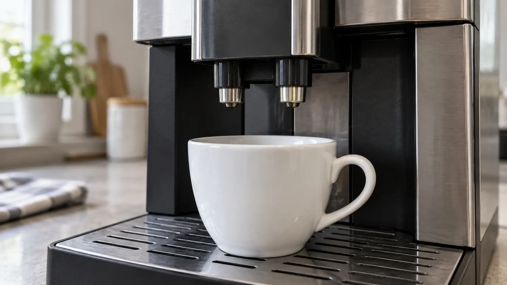 Close on the dry twin spouts of a coffee machine over an empty white cup.