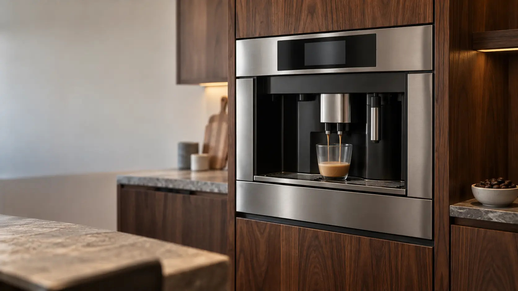 A stainless built-in coffee machine set flush in a tall walnut kitchen cabinet, a clear glass under its twin spouts holding a pale, thin coffee with almost no crema, a small dish of plain dark beans on the shelf beside the coffee machine, soft daylight from the side, a dark display.