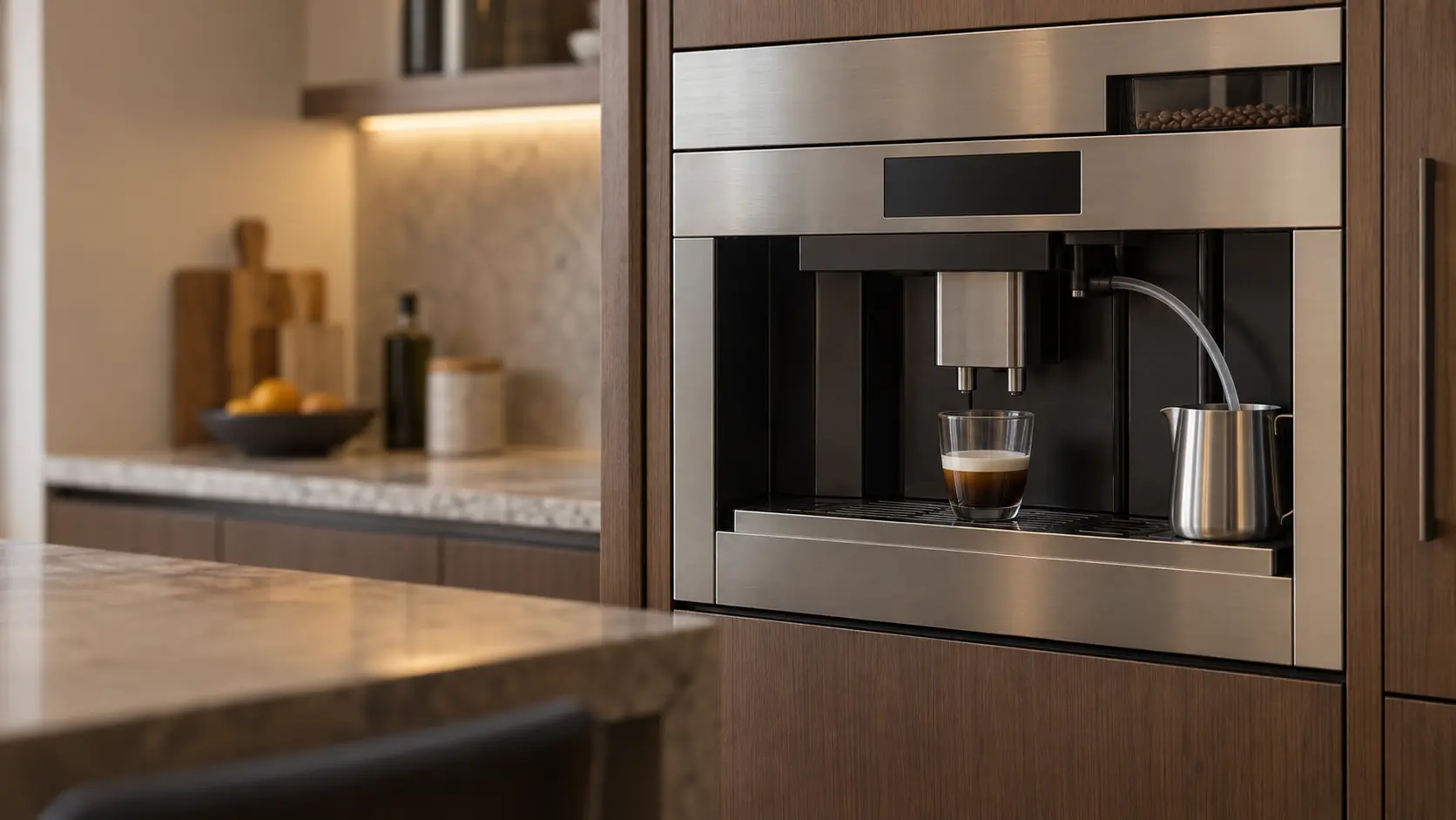 A stainless built-in coffee machine in a tall kitchen cabinet with its milk tube dipped into a small steel milk jug on the cabinet shelf, a glass cup under the spouts holding coffee with only a flat layer of warm milk and no foam, the coffee machine front clean and unlit, soft side light.