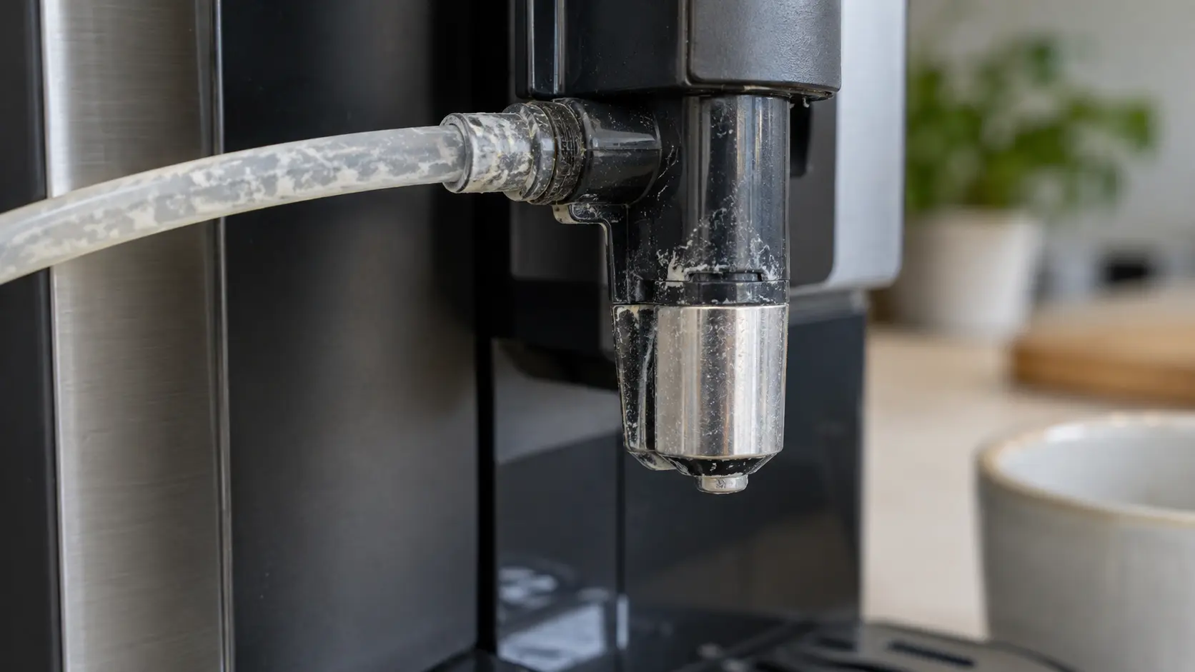 Close on a thin milk tube and frother head of a coffee machine with a film of dried milk on it.