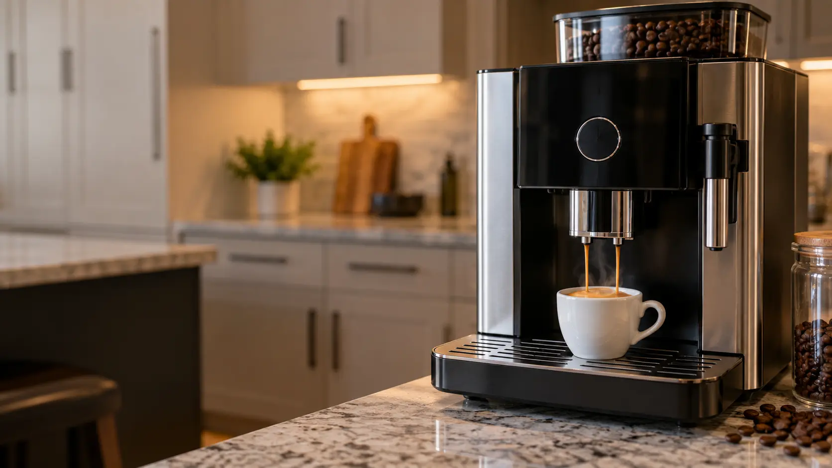 A white cup of espresso with thick crema under the spouts of a coffee machine, seen close.