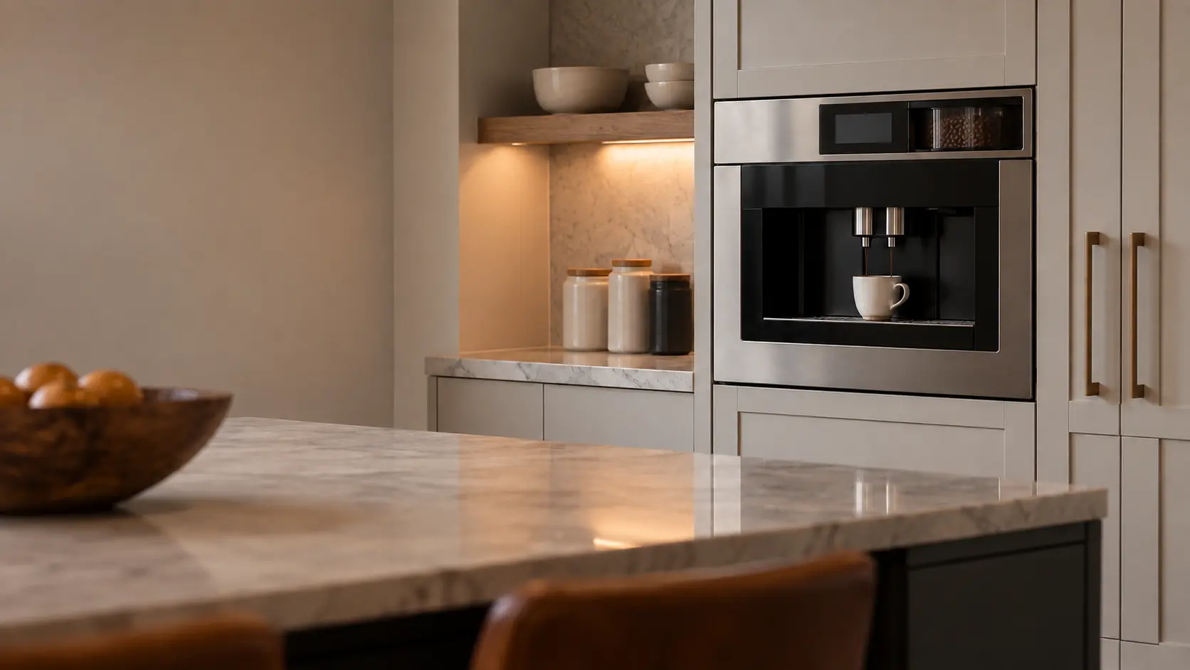 A family home's kitchen with a built-in coffee machine in a tall cabinet, seen from across the room.