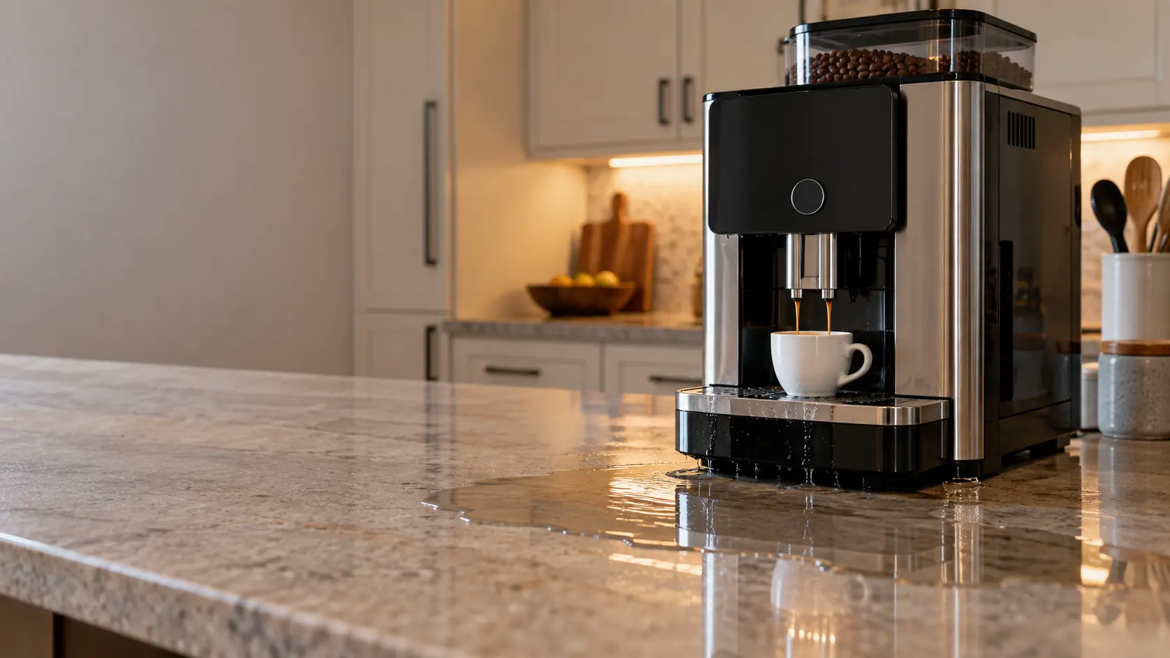 A pool of water spreading on a counter under a countertop coffee machine.