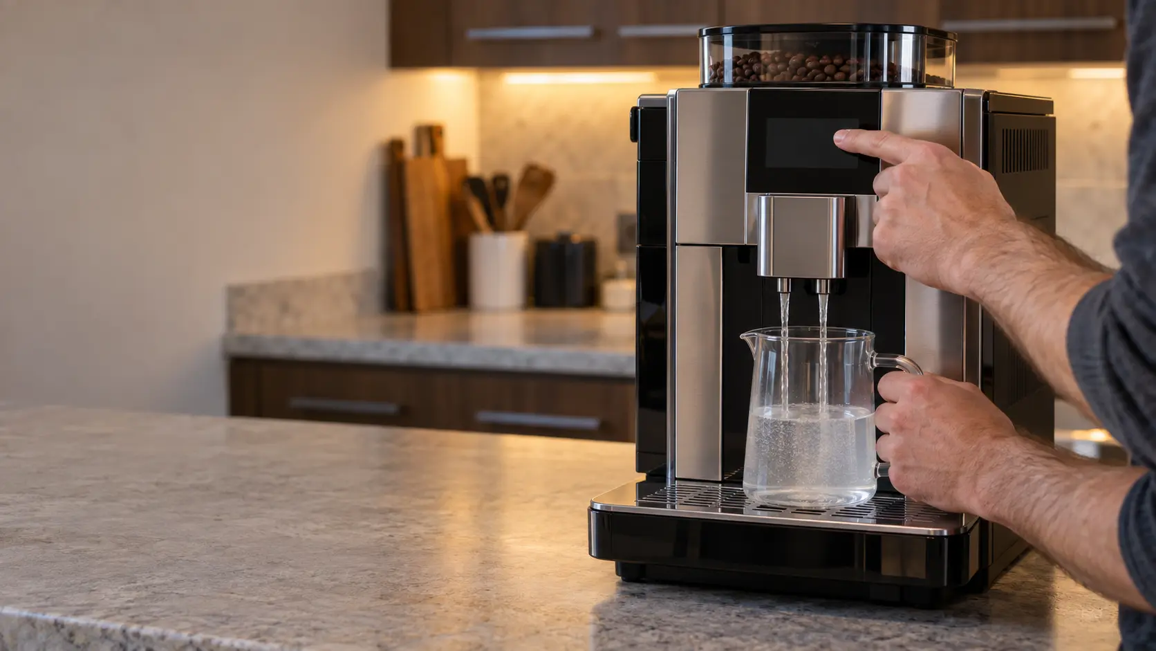 A technician's hands running descaling solution through a countertop coffee machine into a jug.