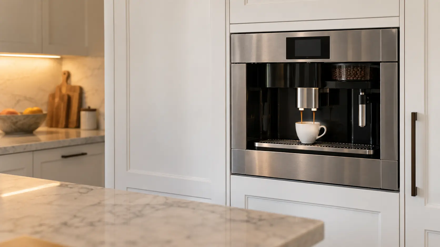 A built-in coffee machine set flush into a tall white kitchen cabinet.