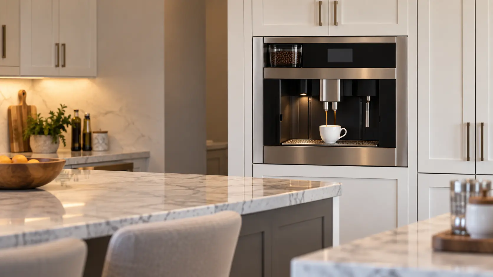 A Tampa Bay home's kitchen with a built-in coffee machine in a tall white cabinet, seen from across the room.